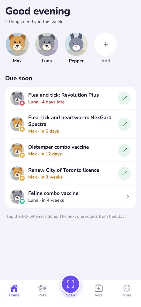 Truffe home screen with reminders for Max, Luna and Pepper