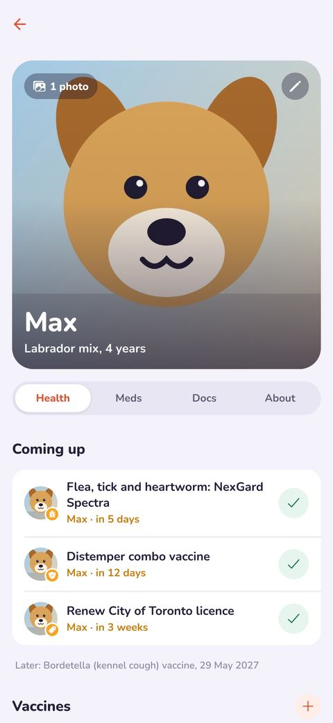 Max’s profile with upcoming reminders and vaccines