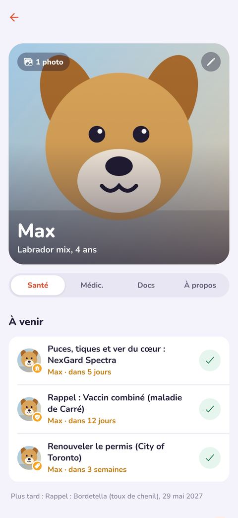 Profil de Max avec les rappels et les vaccins à venir